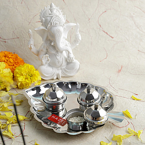 Hazel Steel Pan With Karanda Kumkum Pots For Festivities & Hindu Religious Purpose, 1 pc  