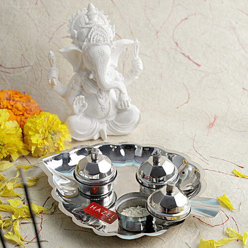 Hazel Steel Pan With Karanda Kumkum Pots For Festivities & Hindu Religious Purpose, 1 pc  
