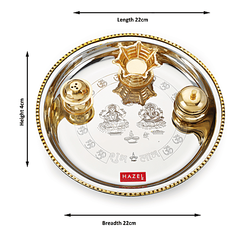Hazel Stainless Steel Puja Aarti Thali Set 22 cm With Diya, Incense Holder, Kumkum Vati Silver, 1 pc Pooja Aarti Thali Set