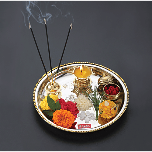 Hazel Stainless Steel Puja Aarti Thali Set 22 cm With Diya, Incense Holder, Kumkum Vati Silver, 1 pc Pooja Aarti Thali Set