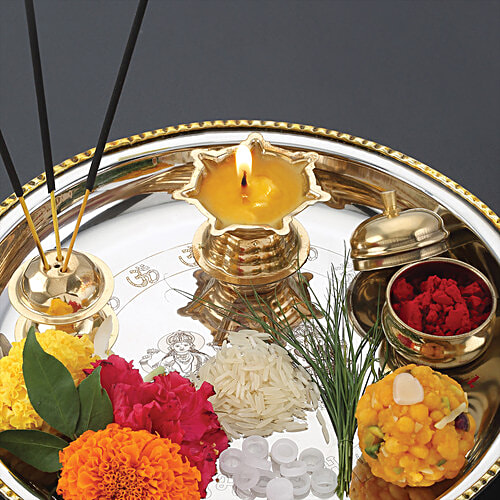Hazel Stainless Steel Puja Aarti Thali Set 22 cm With Diya, Incense Holder, Kumkum Vati Silver, 1 pc Pooja Aarti Thali Set