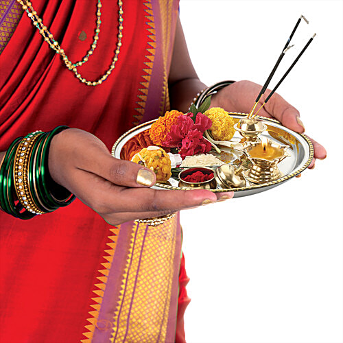 Hazel Stainless Steel Puja Aarti Thali Set 22 cm With Diya, Incense Holder, Kumkum Vati Silver, 1 pc Pooja Aarti Thali Set