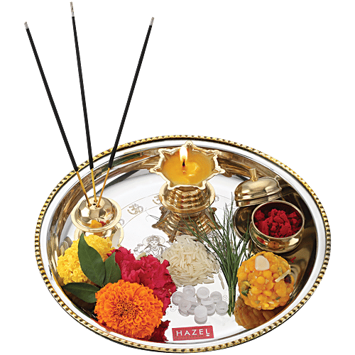 Hazel Stainless Steel Puja Aarti Thali Set 22 cm With Diya, Incense Holder, Kumkum Vati Silver, 1 pc Pooja Aarti Thali Set
