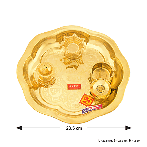Hazel Brass Puja Thali With Diya And Sindoor Wati - 23.5 cm, Golden, Antique Elegant Design, 1 pc  