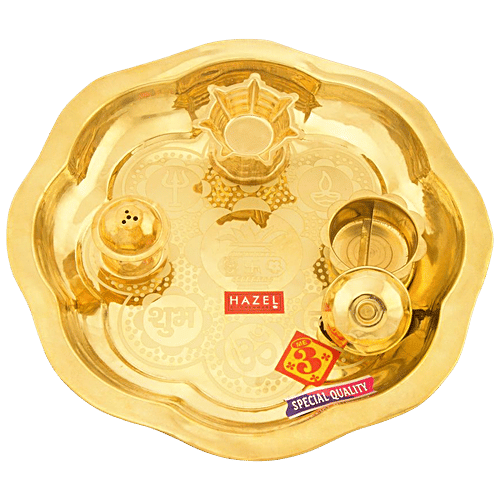 Hazel Brass Puja Thali With Diya And Sindoor Wati - 23.5 cm, Golden, Antique Elegant Design, 1 pc  