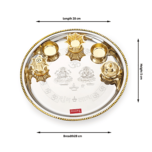 Hazel Stainless Steel Puja Aarti Thali Set 28 cm With Diya, Incense Holder, 2 Haldi-Kumkum Vati, Silver Gold Border, 1 pc Pooja Aarti Thali Set