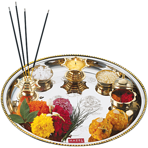 Hazel Stainless Steel Puja Aarti Thali Set 28 cm With Diya, Incense Holder, 2 Haldi-Kumkum Vati, Silver Gold Border, 1 pc Pooja Aarti Thali Set