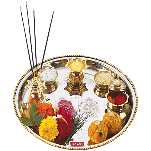 Hazel Stainless Steel Puja Aarti Thali Set 28 cm With Diya, Incense Holder, 2 Haldi-Kumkum Vati, Silver Gold Border, 1 pc Pooja Aarti Thali Set
