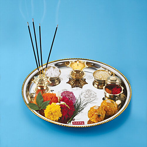 Hazel Stainless Steel Puja Aarti Thali Set 28 cm With Diya, Incense Holder, 2 Haldi-Kumkum Vati, Silver Gold Border, 1 pc Pooja Aarti Thali Set