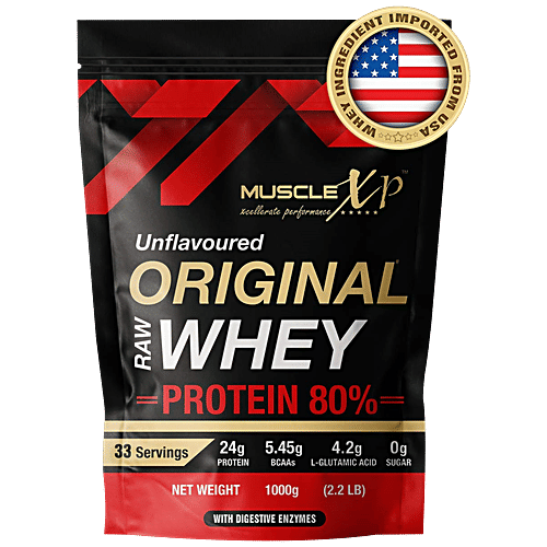 MuscleXP Raw Whey Protein Concentrate Powder With Digestive Enzymes - Unflavoured, Nutrient-Rich, 1 kg