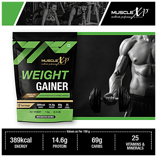 MuscleXP Weight Gainer Protein Powder With Vitamins, Minerals & Digestive Enzymes - Chocolate Fudge Flavour, For Energy, 1 kg  