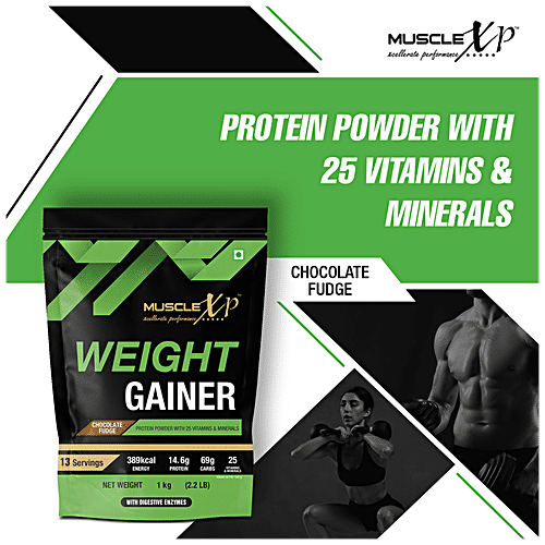 MuscleXP Weight Gainer Protein Powder With Vitamins, Minerals & Digestive Enzymes - Chocolate Fudge Flavour, For Energy, 1 kg  
