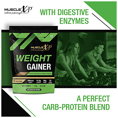 MuscleXP Weight Gainer Protein Powder With Vitamins, Minerals & Digestive Enzymes - Chocolate Fudge Flavour, For Energy, 1 kg  