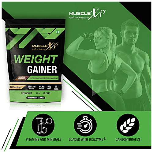 MuscleXP Weight Gainer Protein Powder With Vitamins, Minerals & Digestive Enzymes - Chocolate Fudge Flavour, For Energy, 1 kg  