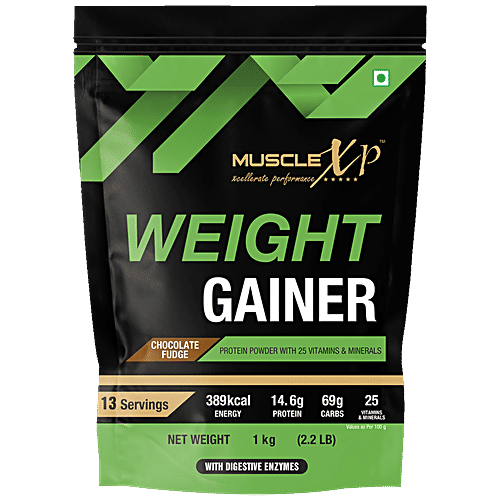 MuscleXP Weight Gainer Protein Powder With Vitamins, Minerals & Digestive Enzymes - Chocolate Fudge Flavour, For Energy, 1 kg  