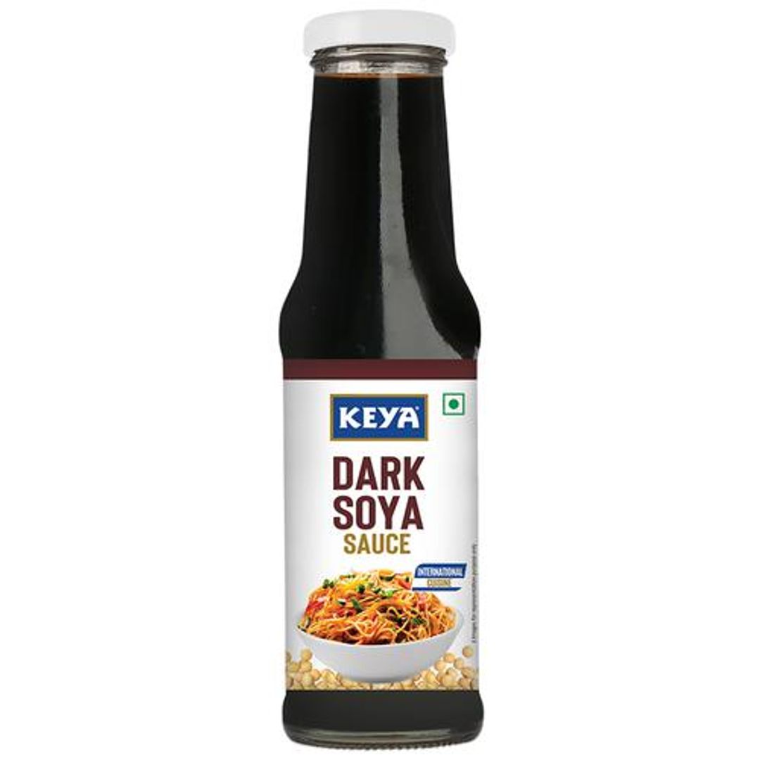 Keya Dark Soya Sauce - For Preparing Machow Soup, Sizzler, Chinese Bhel, 210 g Glass Bottle