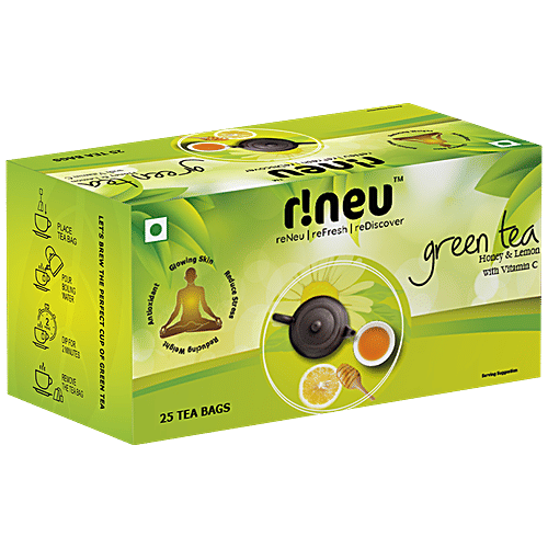 r!neu Green Tea - Honey & Lemon, Antioxidant Rich, 1.4 g (25 Bags x 1.4 g Each) 