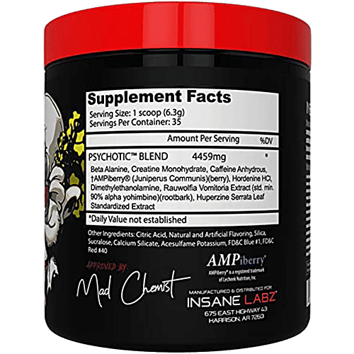 Insane Labz Psychotic Dietary Supplement For Grapes For Energy, Focus, Endurance - 35 Servings, 219 g  