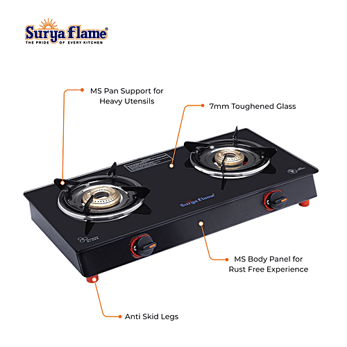 Surya Flame 2B Infinity Bb NA 2 Burner Gas Stove With Glass Cooktop For Daily Cooking Requirement, 1 pc
