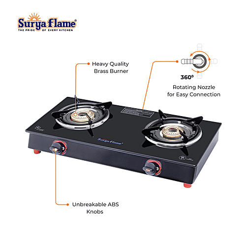 Surya Flame 2B Infinity Bb NA 2 Burner Gas Stove With Glass Cooktop For Daily Cooking Requirement, 1 pc