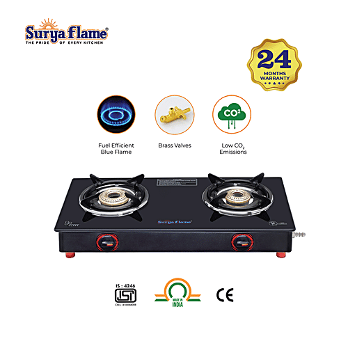 Surya Flame 2B Infinity Bb NA 2 Burner Gas Stove With Glass Cooktop For Daily Cooking Requirement, 1 pc