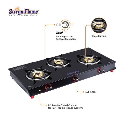Suryaflame 3B Infinity Bb NA 3 Burner Gas Stove With Glass Cooktop For Daily Cooking Requirement, 1 pc  