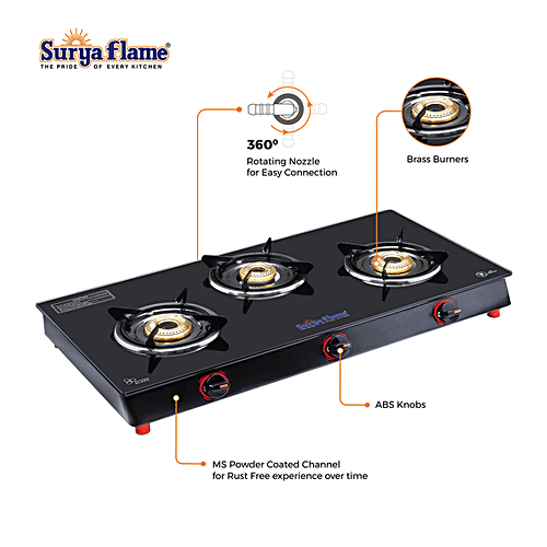 Surya Flame 3B Infinity Bb NA 3 Burner Gas Stove With Glass Cooktop For Daily Cooking Requirement, 1 pc