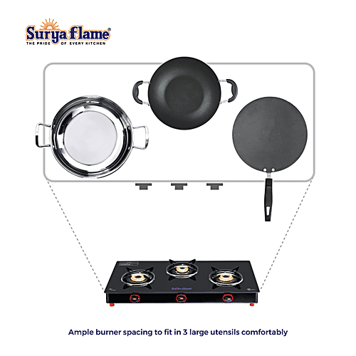 Surya Flame 3B Infinity Bb NA 3 Burner Gas Stove With Glass Cooktop For Daily Cooking Requirement, 1 pc