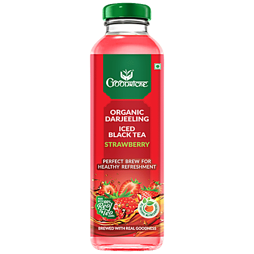 Goodricke Organic Darjeeling Iced Black Tea - Strawberry, With Real Tea Leaves, For Healthy Refreshment, 350 ml Glass Bottle