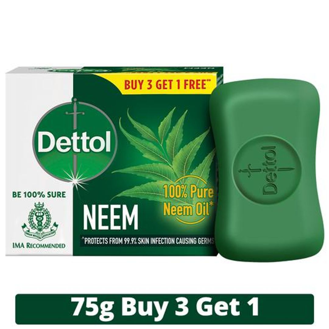Dettol Neem Bathing Soap Bar - 100% Pure Neem Oil, Provides 99.9% Germ Protection, 75 g (Buy 3 Get 1 Free)