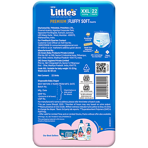 Little's Premium Baby Fluffy Soft Diaper Pants - XXL,15-25 kg, 22 pcs  Anti-Rash Formula, Leakage Guard, No Nasties – Paraben & Phthalate, Alcohol Free