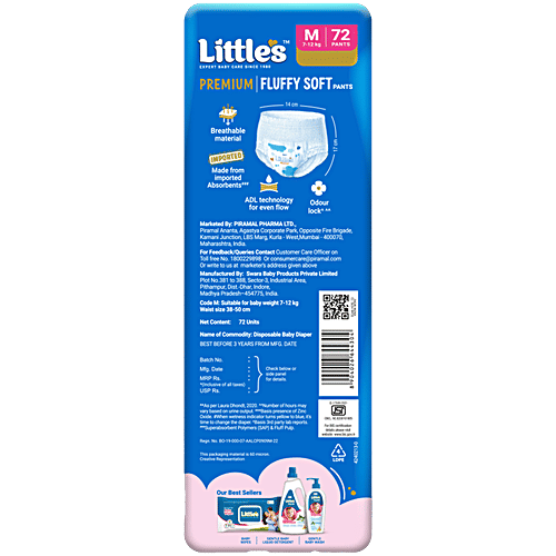 Little's Premium Baby Fluffy Soft Diaper Pants - M, 7-12 kg, 72 pc  Anti-Rash Formula, Leakage Guard, No Nasties – Paraben & Phthalate, Alcohol Free