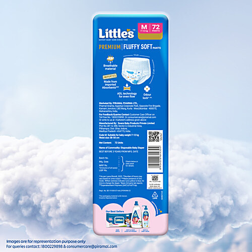 Little's Premium Baby Fluffy Soft Diaper Pants - M, 7-12 kg, 72 pc  Anti-Rash Formula, Leakage Guard, No Nasties – Paraben & Phthalate, Alcohol Free