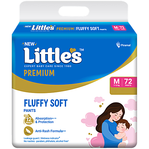 Little's Premium Baby Fluffy Soft Diaper Pants - M, 7-12 kg, 72 pc  Anti-Rash Formula, Leakage Guard, No Nasties – Paraben & Phthalate, Alcohol Free