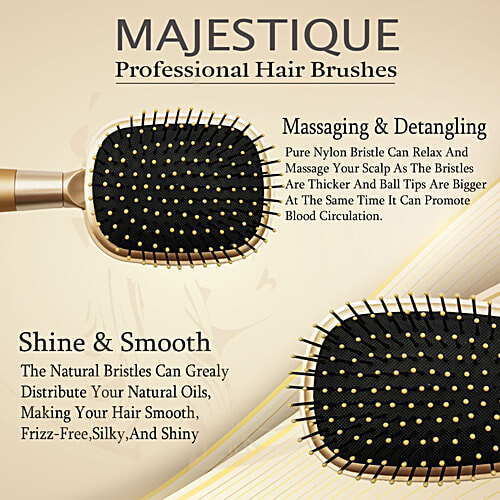 Majestique Detangling Paddle Brush - Premium, Flat, Ball-Tipped Bristles, Golden, 1 pc