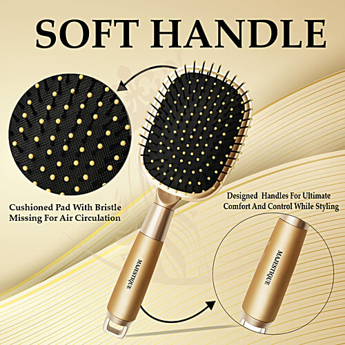 Majestique Detangling Paddle Brush - Premium, Flat, Ball-Tipped Bristles, Golden, 1 pc