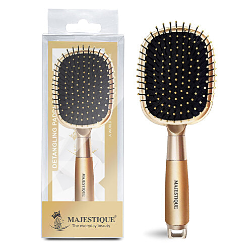 Majestique Detangling Paddle Brush - Premium, Flat, Ball-Tipped Bristles, Golden, 1 pc