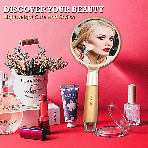 Majestique Golden Handle Mirror - Makeup Accessories, Lightweight, Travel-Friendly, 1 pc