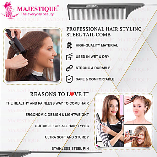 Majestique Steel Tail Pin Comb - Heat Resistant, Perfect For Salon Use, Women's & Girls Hair, 1 pc  