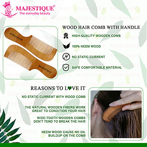 Majestique Wooden Hair Comb With Handle - Anti-Static, For Curly, Wavy, Dry Hair, 1 pc  