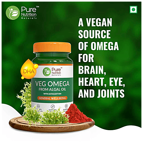 Pure Nutrition  Veg Omega 3 From Algal Oil With Astaxanthin For Brain & Heart Health, 30 pcs  