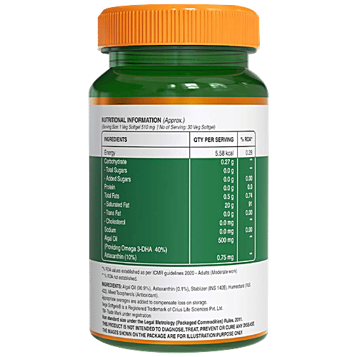 Pure Nutrition  Veg Omega 3 From Algal Oil With Astaxanthin For Brain & Heart Health, 30 pcs  