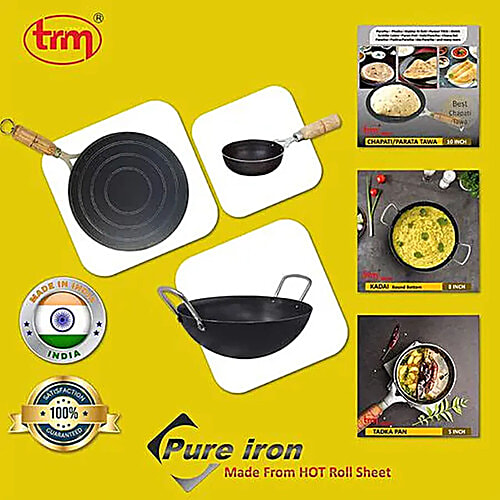 Trm Pure Iron Cookware Set Combo, 1 Pc Tawa (9") 1 Pc Deep Fry Kadai (7") & 1 Pc Tadka Pan (5") Nonstick Cookware, Set of 3  