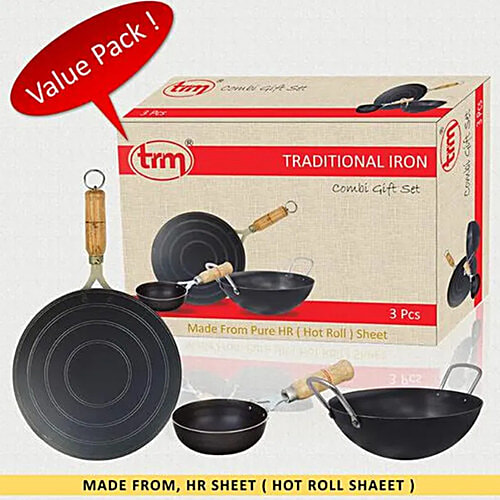 Trm Pure Iron Cookware Set Combo, 1 Pc Tawa (9") 1 Pc Deep Fry Kadai (7") & 1 Pc Tadka Pan (5") Nonstick Cookware, Set of 3  