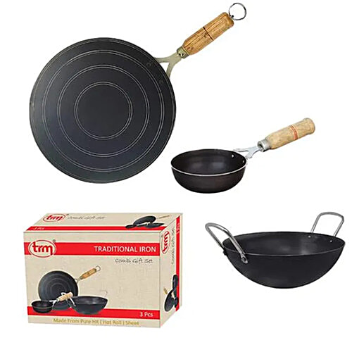 Trm Pure Iron Cookware Set Combo, 1 Pc Tawa (9") 1 Pc Deep Fry Kadai (7") & 1 Pc Tadka Pan (5") Nonstick Cookware, Set of 3  