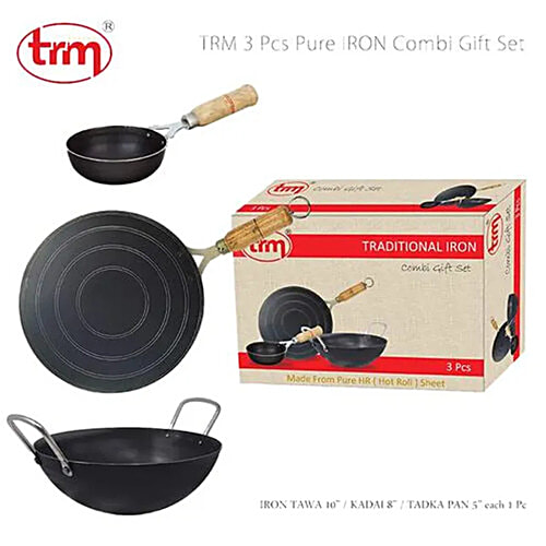 Trm Pure Iron Cookware Set Combo, 1 Pc Tawa (9") 1 Pc Deep Fry Kadai (7") & 1 Pc Tadka Pan (5") Nonstick Cookware, Set of 3  