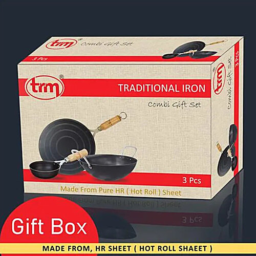 Trm Pure Iron Cookware Set Combo, 1 Pc Tawa (9") 1 Pc Deep Fry Kadai (7") & 1 Pc Tadka Pan (5") Nonstick Cookware, Set of 3  