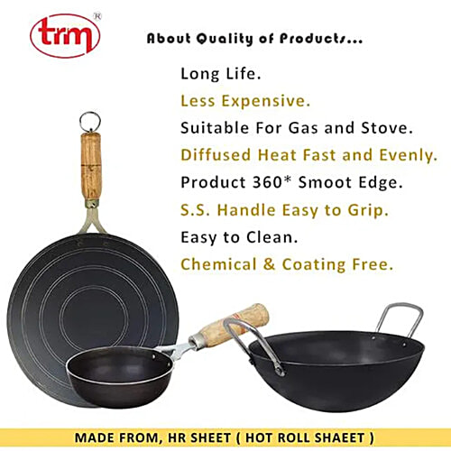 Trm Pure Iron Cookware Set Combo, 1 Pc Tawa (9") 1 Pc Deep Fry Kadai (7") & 1 Pc Tadka Pan (5") Nonstick Cookware, Set of 3  