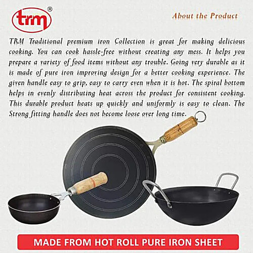 Trm Pure Iron Cookware Set Combo, 1 Pc Tawa (9") 1 Pc Deep Fry Kadai (7") & 1 Pc Tadka Pan (5") Nonstick Cookware, Set of 3  