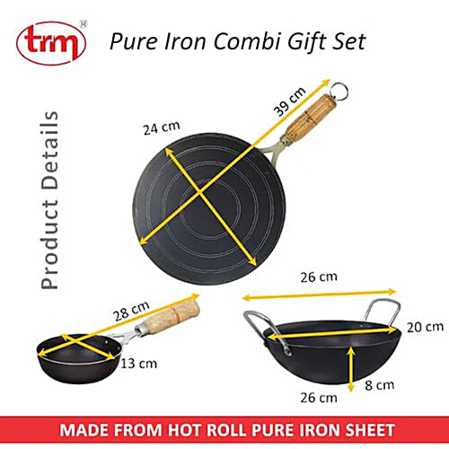 Trm Pure Iron Cookware Set Combo, 1 Pc Tawa (9") 1 Pc Deep Fry Kadai (7") & 1 Pc Tadka Pan (5") Nonstick Cookware, Set of 3  